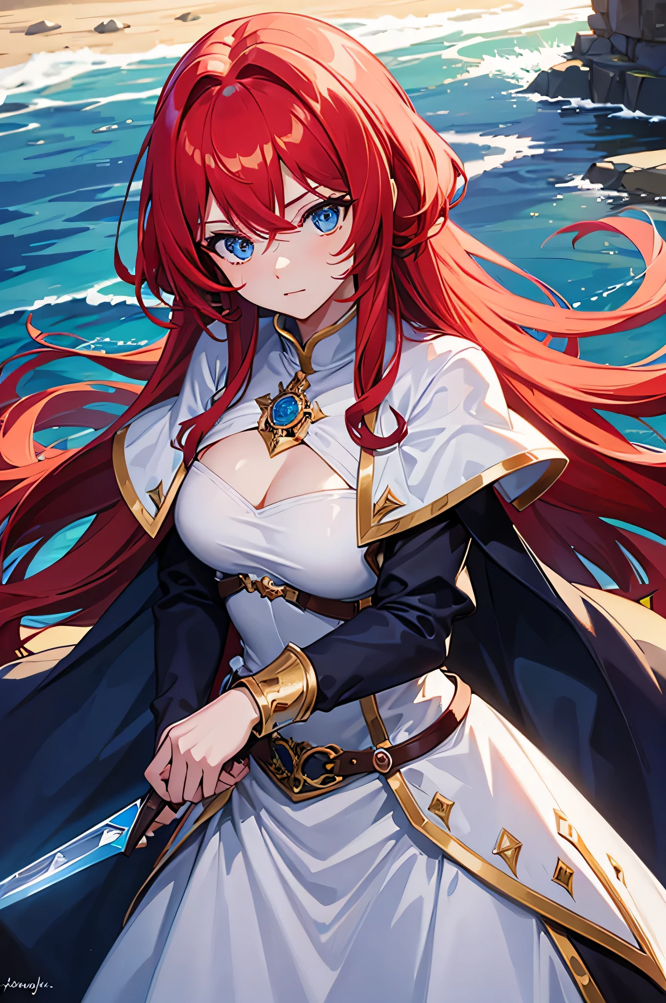 4K,hight resolution,One Woman,Bright red hair,Longhaire,Blue eyes,Knights,white holy armor,jewel decorations,Longsword,medieval town