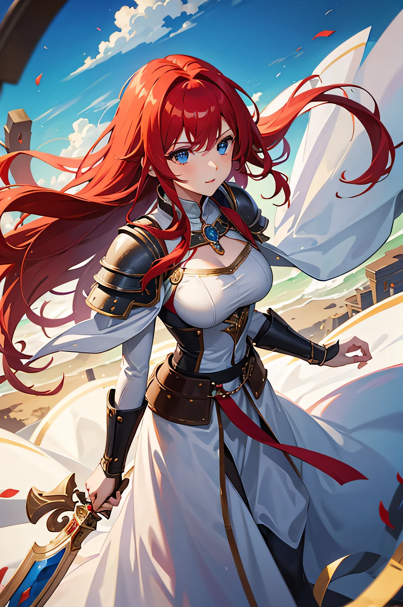 A woman with red hair and a sword in a white dress - SeaArt AI