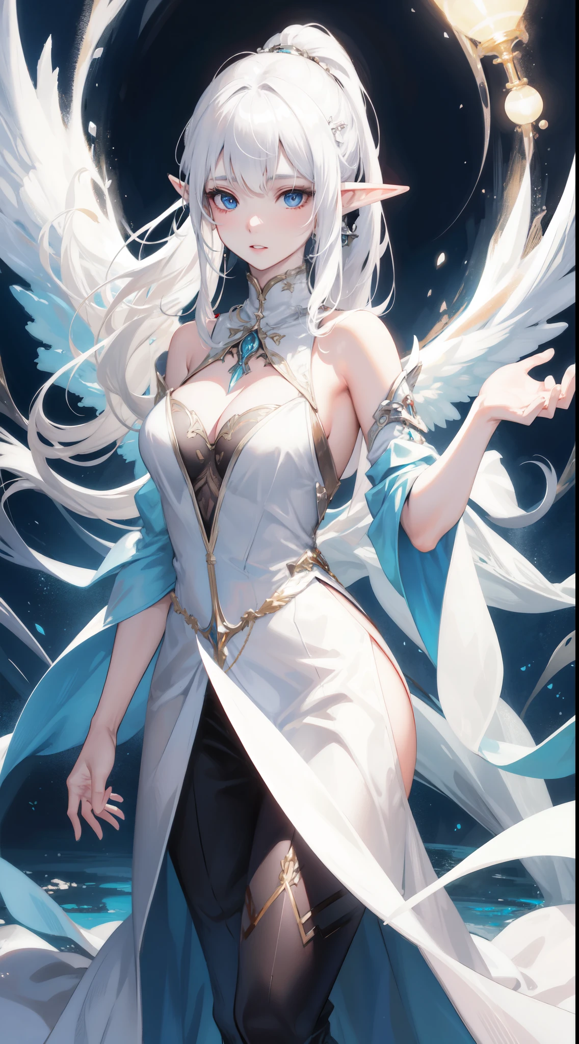 ((masterpiece, best quality)), official art, unity 8k wallpaper, ultra detailed, Rusticcore, contest winner, pixiv, Disgusting a white haired elf woman with wings and jewels on her head and chest, wearing a white dress with silver wings and a silver collar, (Charlie Bowater:0.158) , (Yoshitaka Amano:0.073) , (a character portrait:0.265) , (whiteglovefantasy art:0.457) and Seaweed, extremely beautiful, Analytical Art, 8K, best quality, DayGlo orange dust particles, dslr, anaglyph effect, highly detailed of (elf), (1girl), solo, perfect face, details eye, ponytail, Blunt bangs, (hair between eye), white hair, blue eyes, fantasy art by Artgerm, by Kawacy, by Wadim kashin,