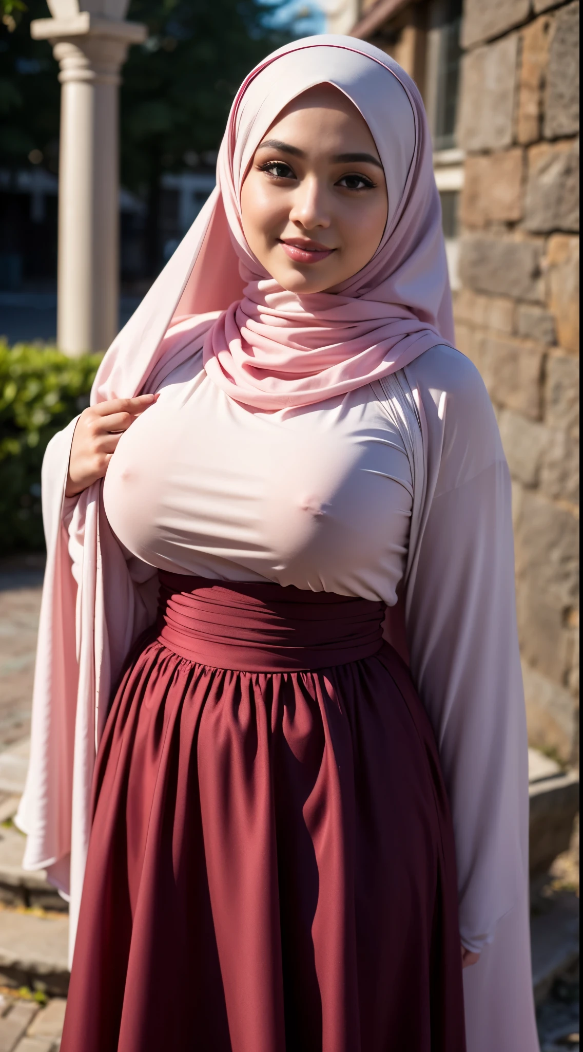 ( Close Up),RAW, Best quality, high resolution, masterpiece: 1.3), beautiful Malay woman in hijab, Masterpiece, perfect body, Big breasts, thick thighs, beautiful big eyes, mole under the eyes, long eyelashes, big eyes, beutifull face, Soft smile, woman in a pink dress and a purple top is standing on a sidewalk, modest flowing gown, inspired by Nazmi Ziya Güran, long dress female, dress in voile, detailed picture, inspired by Modest Urgell, inspired by Osman Hamdi Bey, multilayered outfit, femme, maroon accents, maroon and white, beautiful soft silky dress , illustrious clothes Soft turtleneck, evening walk, garden park, Great lighting, Bright colors, Clean lines