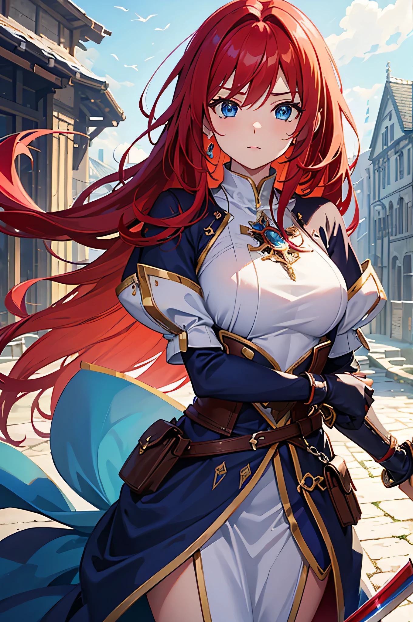 4K,hight resolution,One Woman,Bright red hair,Longhaire,Blue eyes,Knights,white holy armor,jewel decorations,Big sword,medieval town