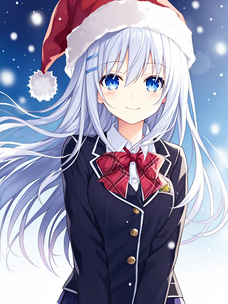 beautiful girl, light smile, open eyes, detailed eyes, school uniform, pretty anime girl, morning, blue sky, long hair, wind, black uniform, christmas hat, winter, snow