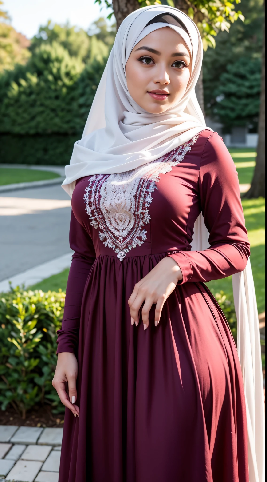 ( Close Up),RAW, Best quality, high resolution, masterpiece: 1.3), beautiful Malay woman in hijab, Masterpiece, perfect body, Big breasts, thick thighs, beautiful big eyes, mole under the eyes, long eyelashes, big eyes, beutifull face, Soft smile, woman in a pink dress and a purple top is standing on a sidewalk, modest flowing gown, inspired by Nazmi Ziya Güran, long dress female, dress in voile, detailed picture, inspired by Modest Urgell, inspired by Osman Hamdi Bey, multilayered outfit, femme, maroon accents, maroon and white, beautiful soft silky dress , illustrious clothes Soft turtleneck, evening walk, garden park, Great lighting, Bright colors, Clean lines