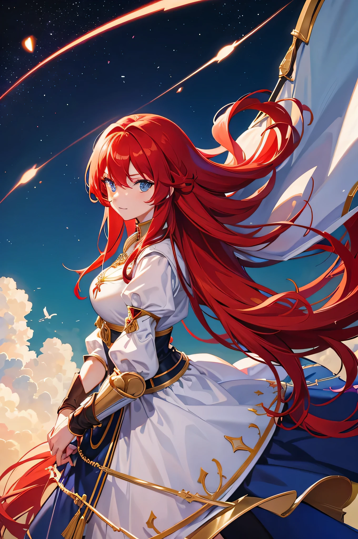 4K,hight resolution,One Woman,Bright red hair,Longhaire,Blue eyes,Knights,white holy armor,jewel decorations,Longsword,medieval town