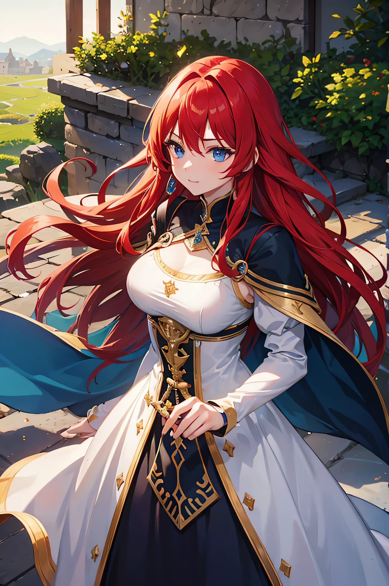 4K,hight resolution,One Woman,Bright red hair,Longhaire,Blue eyes,Knights,white holy armor,jewel decorations,Longsword,medieval town