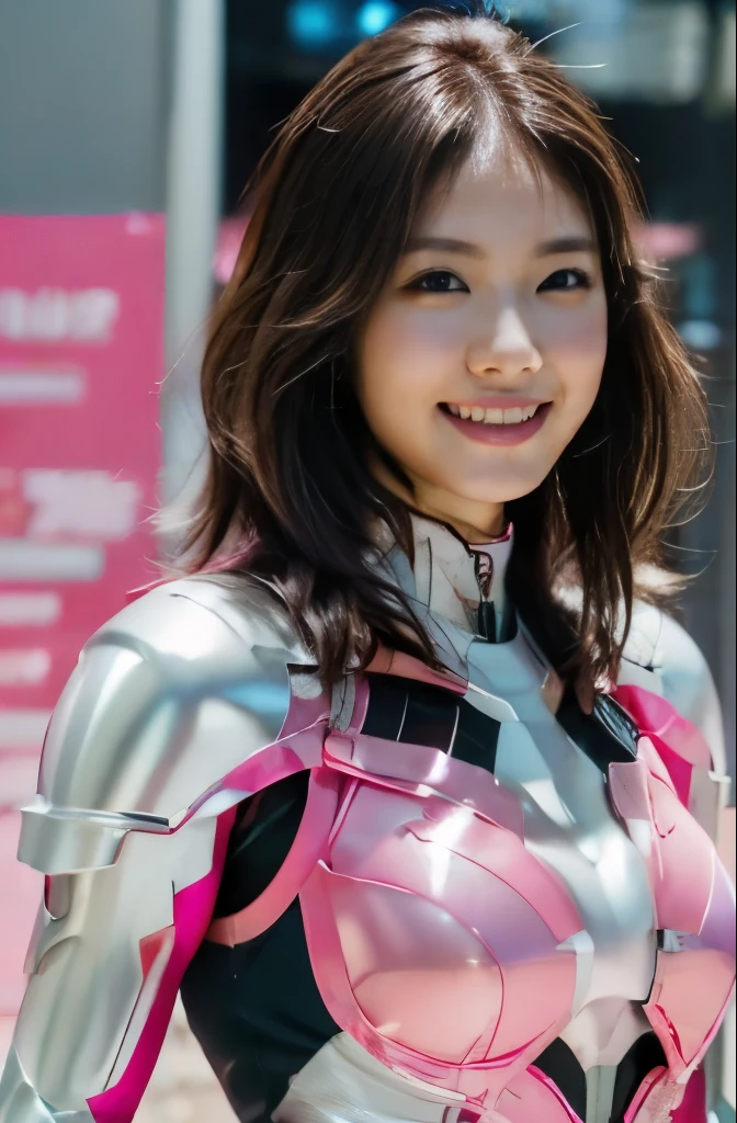 pink power range lemele、Realistic, Shiny pink, silver and white suit、Power Rangers Bodysuit、professional photograpy、Does not expose the skin, Japanese Models,The skin is not exposed、fleshy body, A smile、Colossal tits、A dark-haired