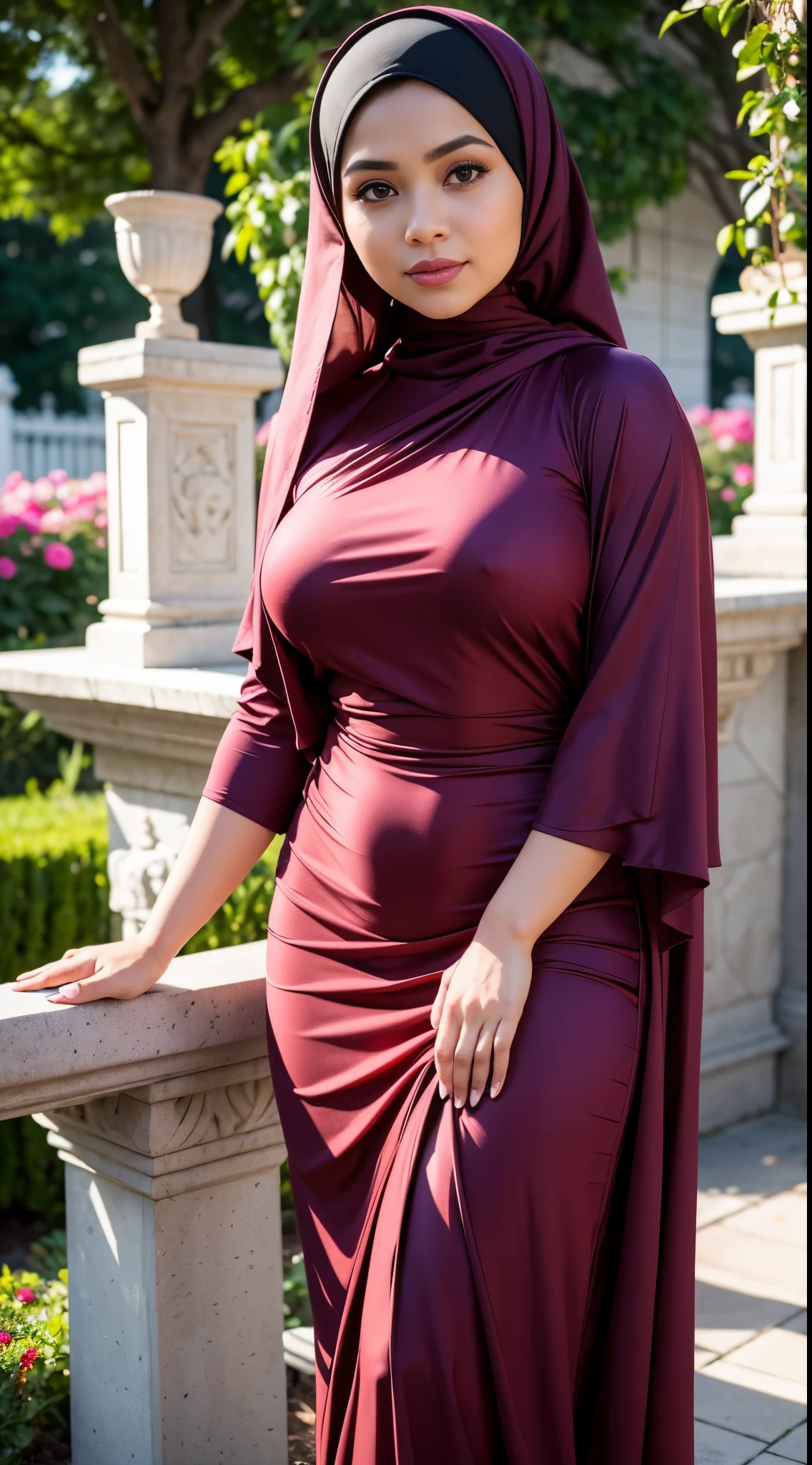 ( Close Up),RAW, Best quality, high resolution, masterpiece: 1.3), beautiful Malay woman in hijab, Masterpiece, perfect body, Big breasts, thick thighs, beautiful big eyes, mole under the eyes, long eyelashes, big eyes, beutifull face, Soft smile, woman in a pink dress and a purple top is standing on a sidewalk, modest flowing gown, inspired by Nazmi Ziya Güran, long dress female, dress in voile, detailed picture, inspired by Modest Urgell, inspired by Osman Hamdi Bey, multilayered outfit, femme, maroon accents, maroon and white, beautiful soft silky dress , illustrious clothes Soft turtleneck, evening walk, garden park, Great lighting, Bright colors, Clean lines