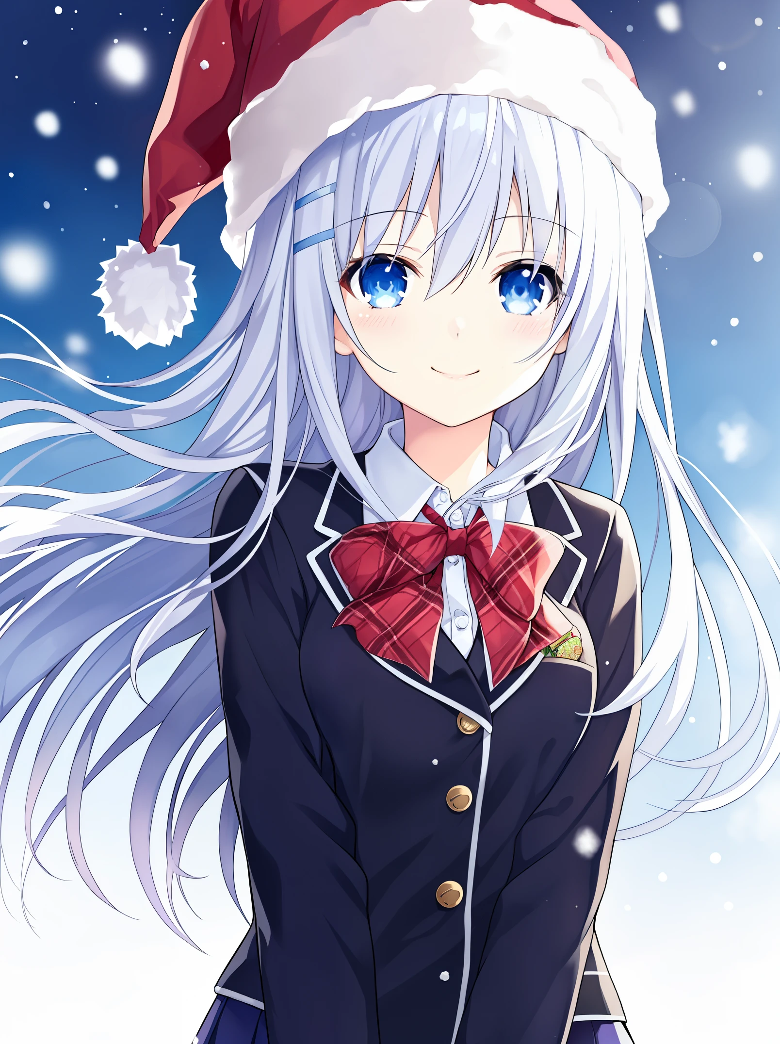 beautiful girl, light smile, open eyes, detailed eyes, school uniform, pretty anime girl, morning, blue sky, long hair, wind, black uniform, christmas hat, winter, snow