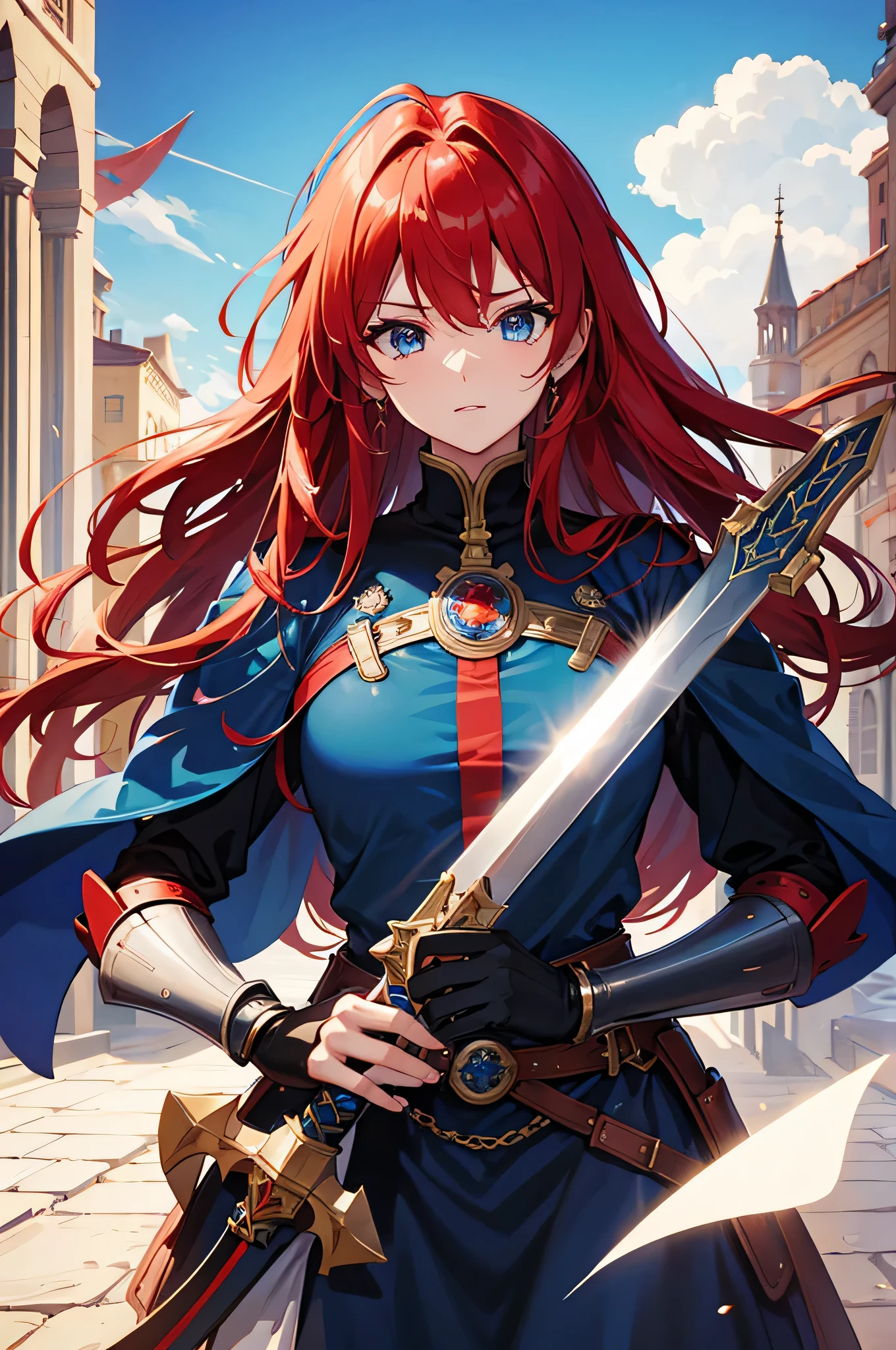 4K,hight resolution,One Woman,Bright red hair,Longhaire,Blue eyes,Knights,white holy armor,jewel decorations,Big sword,medieval town