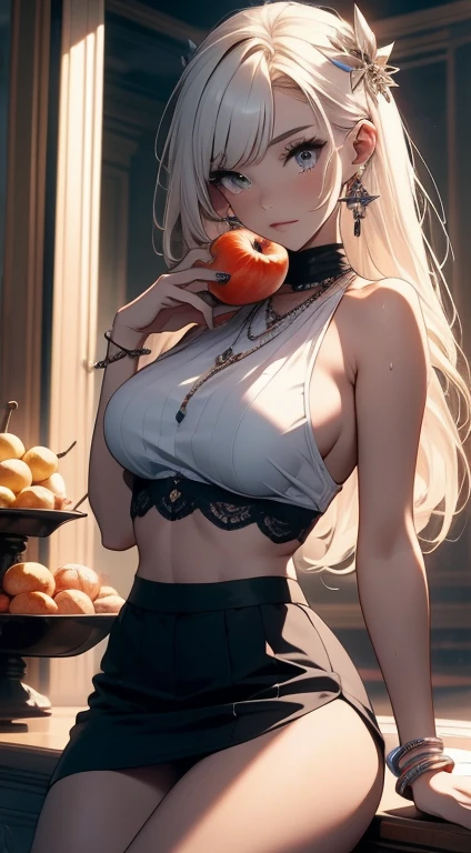 masterpiece, 2girl, twins ,bra, skirt, sitting, (white), pinjent, earings, coins, treasure, money, (white), ancient, art pieces, no shirt, no pants, swimsuit, thong, wet, egypt,(beautiful scenery),(perfect face), white hair, very long hair, femine, big breast, fruits, grape, hot