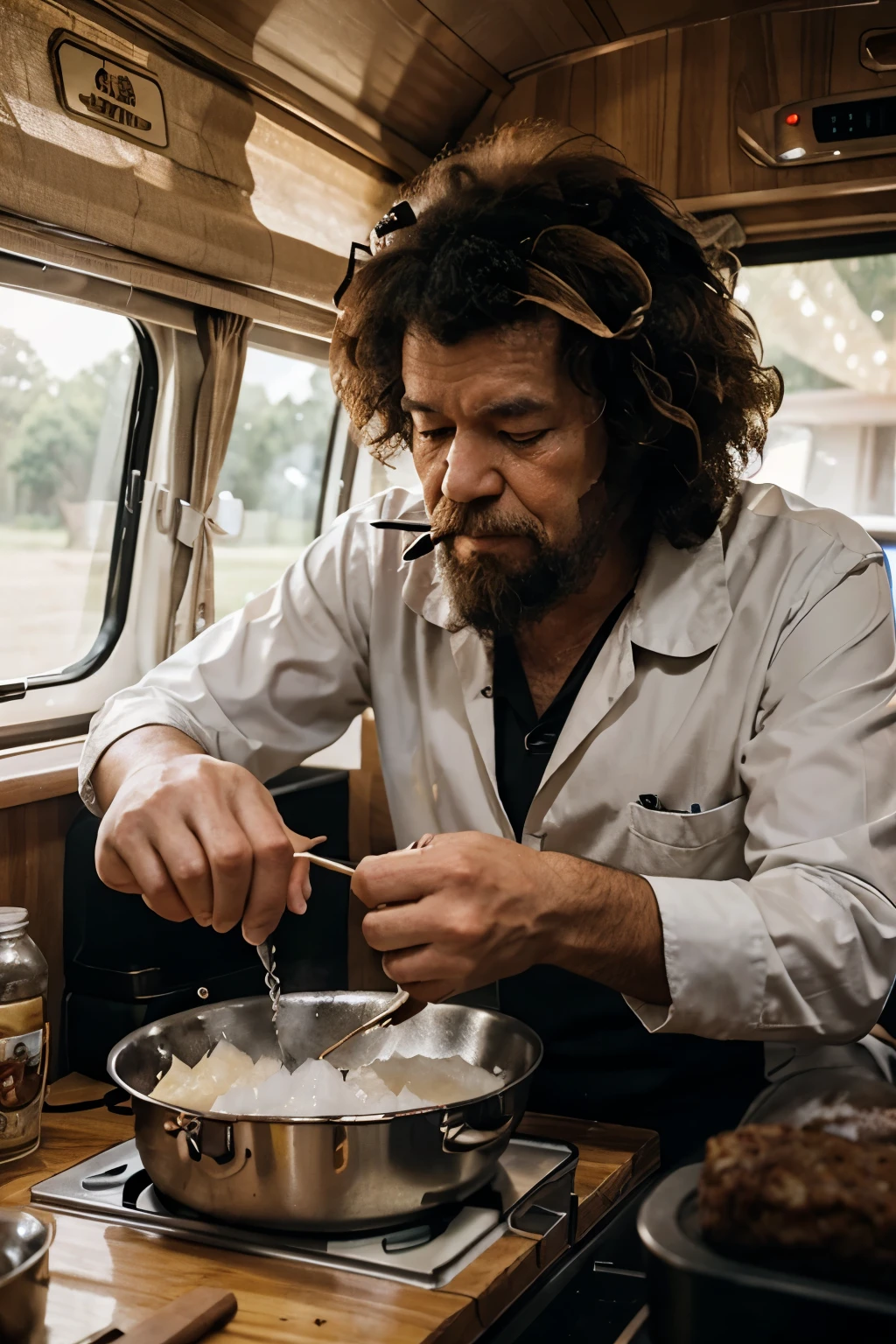 bob ross cooking diamonds in a caravan smoking a joint