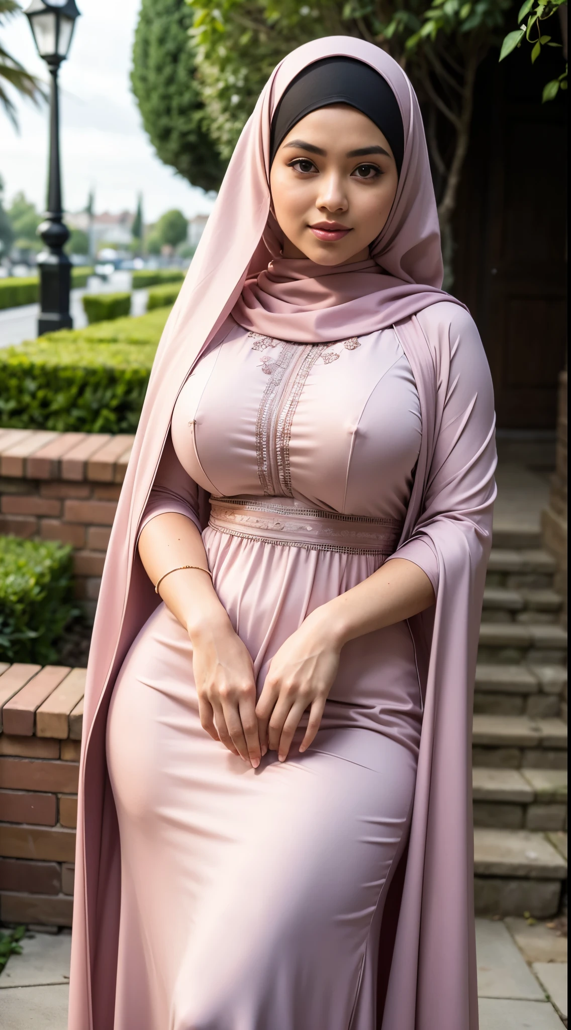 ( Close Up),RAW, Best quality, high resolution, masterpiece: 1.3), beautiful Malay woman in hijab, Masterpiece, perfect body, Big breasts, thick thighs, beautiful big eyes, mole under the eyes, long eyelashes, big eyes, beutifull face, Soft smile, woman in a pink dress and a purple top is standing on a sidewalk, modest flowing gown, inspired by Nazmi Ziya Güran, long dress female, dress in voile, detailed picture, inspired by Modest Urgell, inspired by Osman Hamdi Bey, multilayered outfit, femme, maroon accents, maroon and white, beautiful soft silky dress  , illustrious clothes  Soft turtleneck, evening walk, garden park, Great lighting, Bright colors, Clean lines