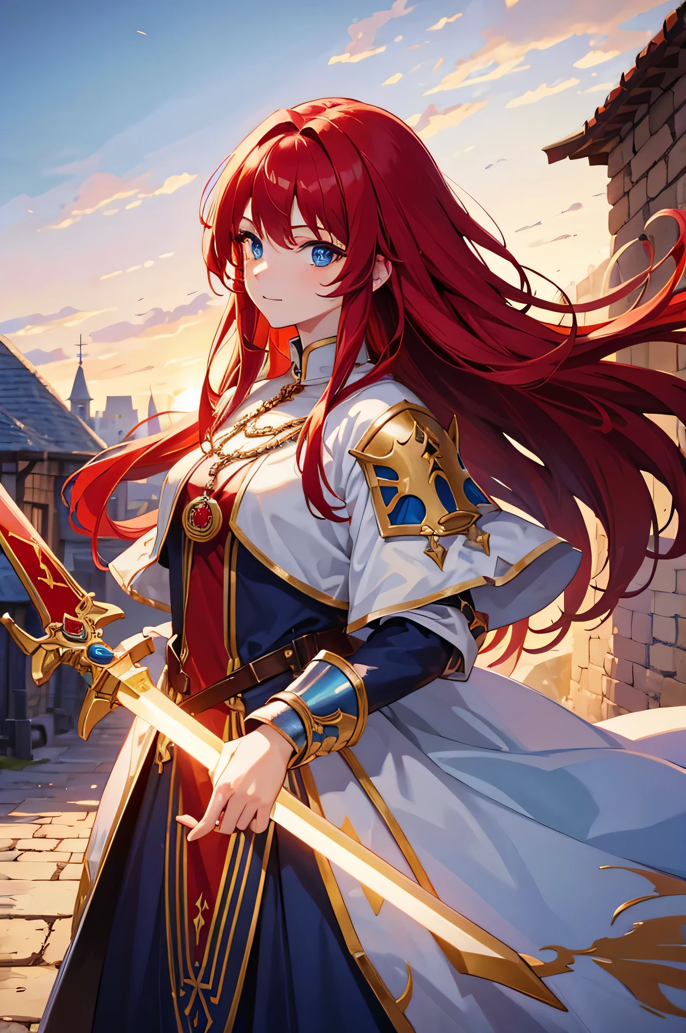 A woman with long red hair holding a sword in front of a castle - SeaArt AI