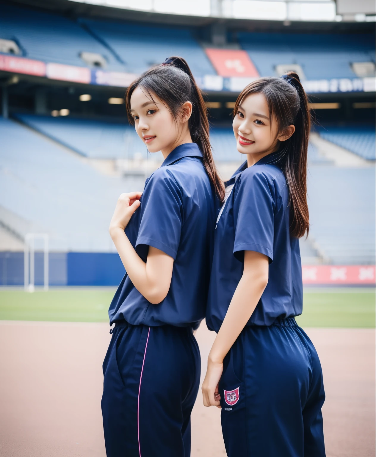 (bestquality,10,10,highres,masterpiece:1.2),ultra-detail,(Realistic,ภาพRealistic,photo-realistic:1.37),1 Cute girl in the football field,oily shiny skin,bara,light smile,BDclothelue shirt:1.3)),short sleeves,shirt, trousers.,(navy_long_ติดตามtrousers:1.1), ((Stadium Background:1.3)),dynamic angle,excited,face focus,Dynamic Poses,from behide,Ass Focus,masterpiece, bestquality, ultra realistic, hyper-detail, 8k resolution, RAW photo, crisp focus, ((Navy blue shirt:1.1)), short sleeves, เส้นทางlong, Complete bodyแบบ, 2 mature women, 18yo, cinematic light,trousersวอร์มสีน้ําเงิน,Gymware,Correct anatomy,Complete body, Correct body, sharp face, Correct bodyทางกายวิภาค, full entire body, Realistic gestures, long-haired, Realistic poses,Wear long shorts...........................................,ช่วงขาlong,Shapely,Sculpting Girl, Slender Figure, mannequin mannequins, Shapely, Beautiful body,trousersวอร์มสีน้ําเงิน, Two girls kissing