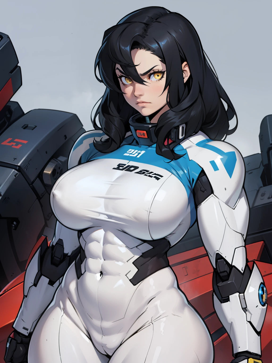 (((muscular girl thick large breasts toned body))) sad girl black hair yellow eyes pale skin (mecha mecha mecha)