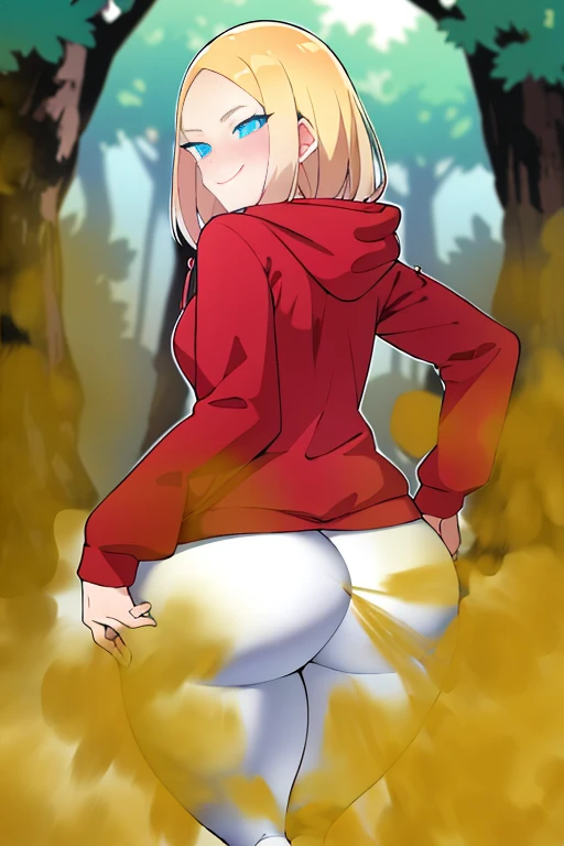 (masterpiece:1.2, best quality), (highly detailed:1.3), 1girl, 18yo girl, blond, (white leggings), (red hoodie), walking in the forest, dark, spooky, juicy butt, happy, smiling, looking at camera, rear view, like able cute face, perfect even blue eyes