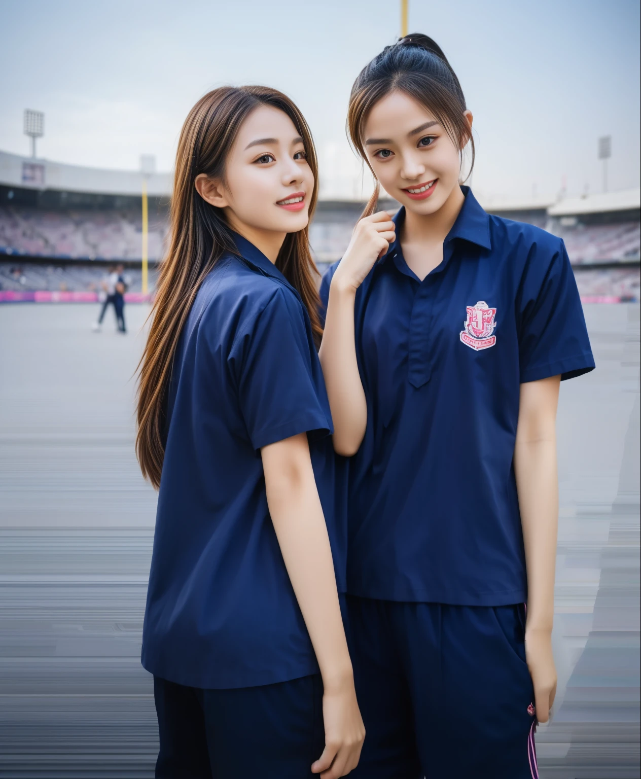 (bestquality,10,10,highres,masterpiece:1.2),ultra-detail,(Realistic,ภาพRealistic,photo-realistic:1.37),1 Cute girl in the football field,oily shiny skin,bara,light smile,BDclothelue shirt:1.3)),short sleeves,shirt, trousers.,(navy_long_ติดตามtrousers:1.1), ((Stadium Background:1.3)),dynamic angle,excited,face focus,Dynamic Poses,from behide,Ass Focus,masterpiece, bestquality, ultra realistic, hyper-detail, 8k resolution, RAW photo, crisp focus, ((Navy blue shirt:1.1)), short sleeves, เส้นทางlong, Complete bodyแบบ, 2 mature women, 18yo, cinematic light,trousersวอร์มสีน้ําเงิน,Gymware,Correct anatomy,Complete body, Correct body, sharp face, Correct bodyทางกายวิภาค, full entire body, Realistic gestures, long-haired, Realistic poses,Wear long shorts...........................................,ช่วงขาlong,Shapely,Sculpting Girl, Slender Figure, mannequin mannequins, Shapely, Beautiful body,trousersวอร์มสีน้ําเงิน, Two girls kissing