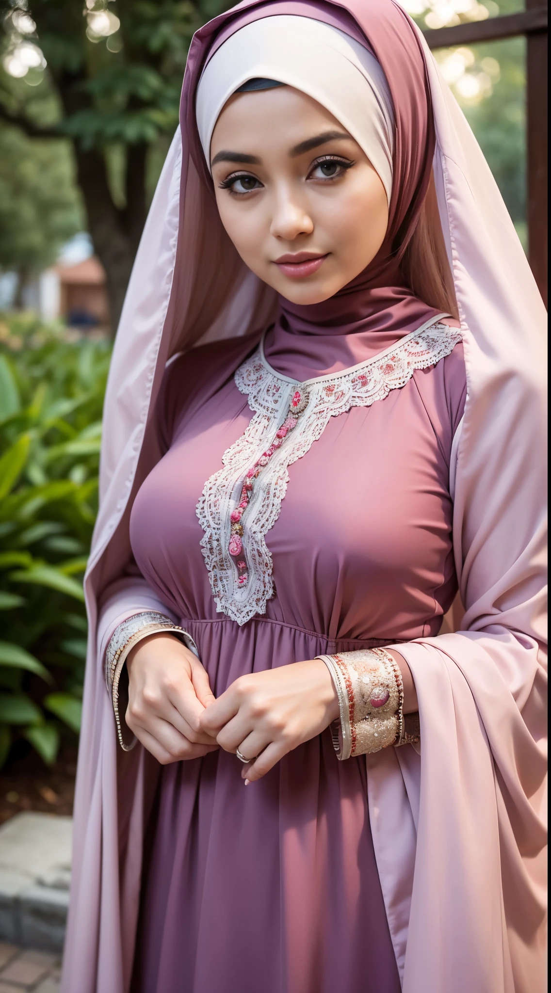 1 malay girl , modern plain hijab, shy, medium portrait shot , watery eyes ,lip watery, lip glossy, open mounth, ((big breast)), wear java wedding woman in kebaya dress berendra, kebaya batik, (big breast) , flower garden background, bokeh background, proportional body,