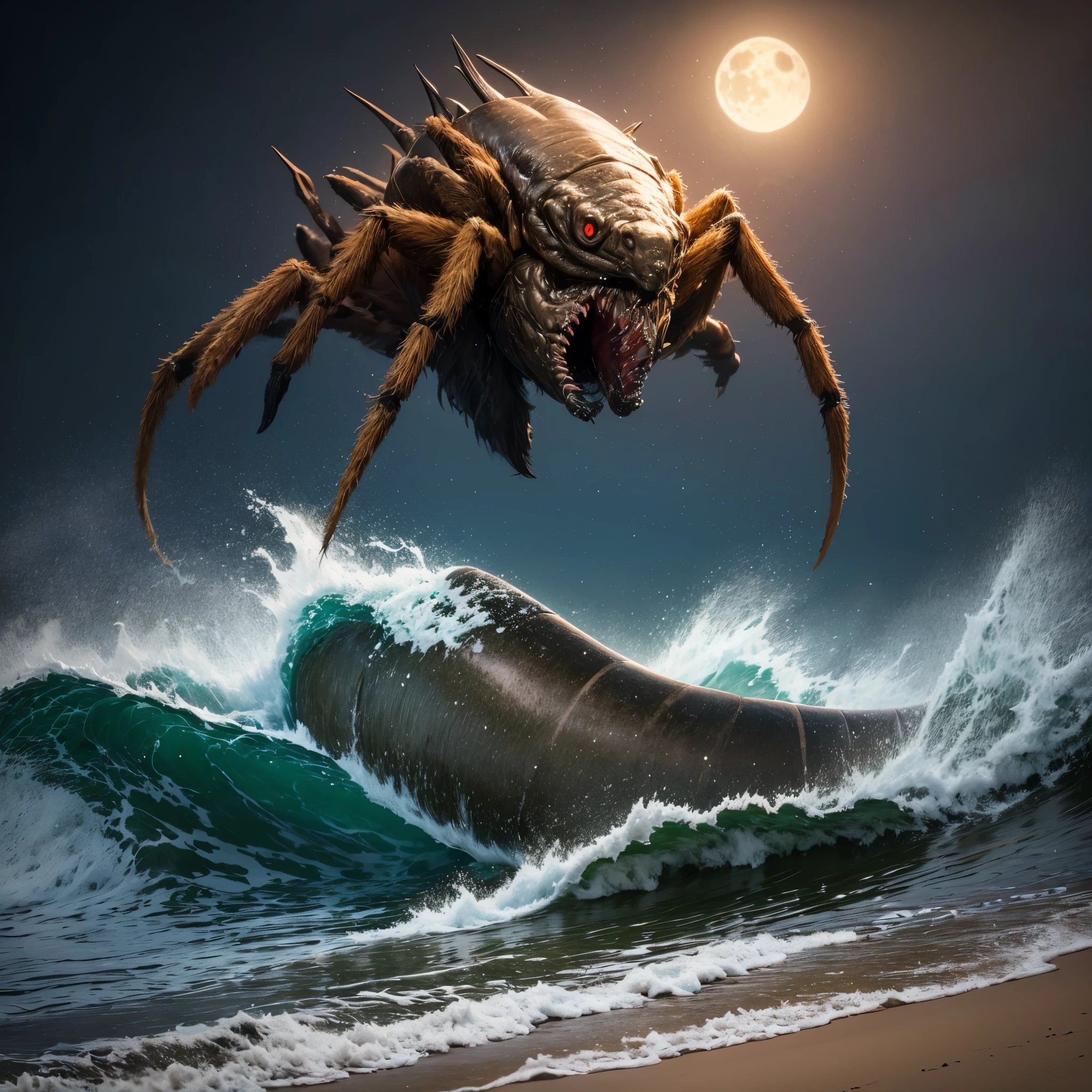 (best quality,highres,realistic),creepy creature, fish-like body, bug eyes, huge mouth with jagged teeth, spider legs, prowling the beach at night, hunting for food, eerie atmosphere, moonlit scene, dark shadows, sinister presence, surreal creature, grotesque features, detailed scales and fins, sharp and menacing teeth, glowing eyes, eerie moonlight casting haunting shadows, mysterious and unknown creature, beach setting, quiet and still night, waves crashing on the shore, horror ambiance