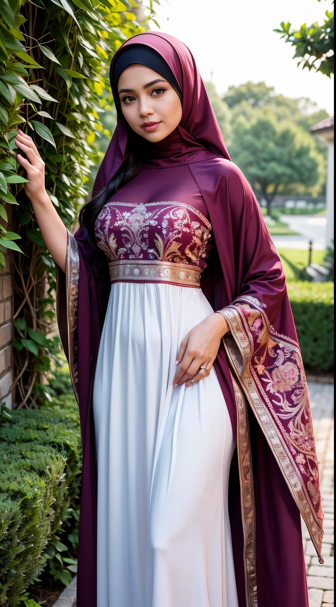 ( Close Up),RAW, Best quality, high resolution, masterpiece: 1.3), beautiful Malay woman in hijab, Masterpiece, perfect body, Big breasts, thick thighs, beautiful big eyes, mole under the eyes, long eyelashes, big eyes, beutifull face, Soft smile, woman in a pink dress and a purple top is standing on a sidewalk, modest flowing gown, inspired by Nazmi Ziya Güran, long dress female, dress in voile, detailed picture, inspired by Modest Urgell, inspired by Osman Hamdi Bey, multilayered outfit, femme, maroon accents, maroon and white, beautiful soft silky dress  , illustrious clothes  Soft turtleneck, evening walk, garden park, Great lighting, Bright colors, Clean lines