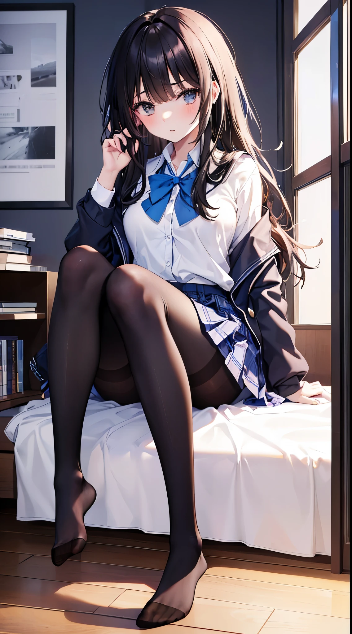 Finest, masterpiece, high definition, (full body), frontal, symmetrical, mature high school girl, solo, (full body from head to toe), small breasts, long hair, slightly messy hair, (black tights), ( (black pantyhose), black pantyhose, (composition where she is made to sit and lift her legs and make her legs open), composition showing white panties, slender beautiful legs, a very beautiful -yeld gi(not wearing shoes) legs), blushing, shy big eyes, messy hair, looking at camera, showing white panties, white frilly lingerie, high school uniform blazer, high school uniform White blouse, high school uniform with blue ribbon, high school uniform with short plaid pattern and navy pleated skirt