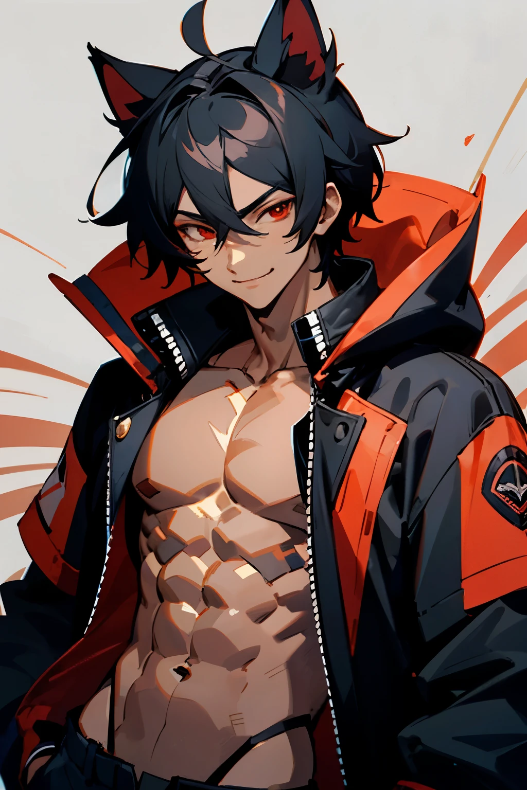 cat boy, black hair, red eyes, black and red striped jacket, hooded jacket, handsome, seductive smile, abs, dark skin
