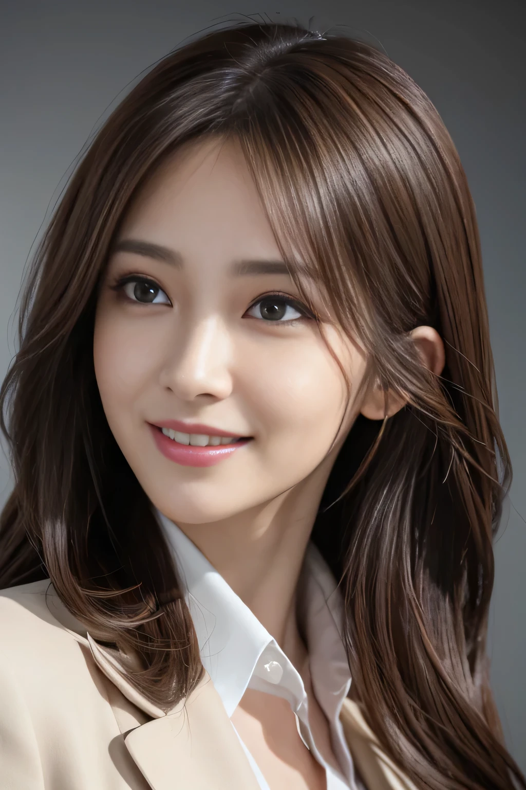 masutepiece, Best Quality, Photorealistic, Ultra-detailed, finely detail, High resolution, 8K Wallpaper, 1 beautiful woman,, light brown messy hair, in a business suit, foco nítido, Perfect dynamic composition, Beautiful detailed eyes, detailed hairs, Detailed realistic skin texture, Smiling, Close-up portrait, Model body type