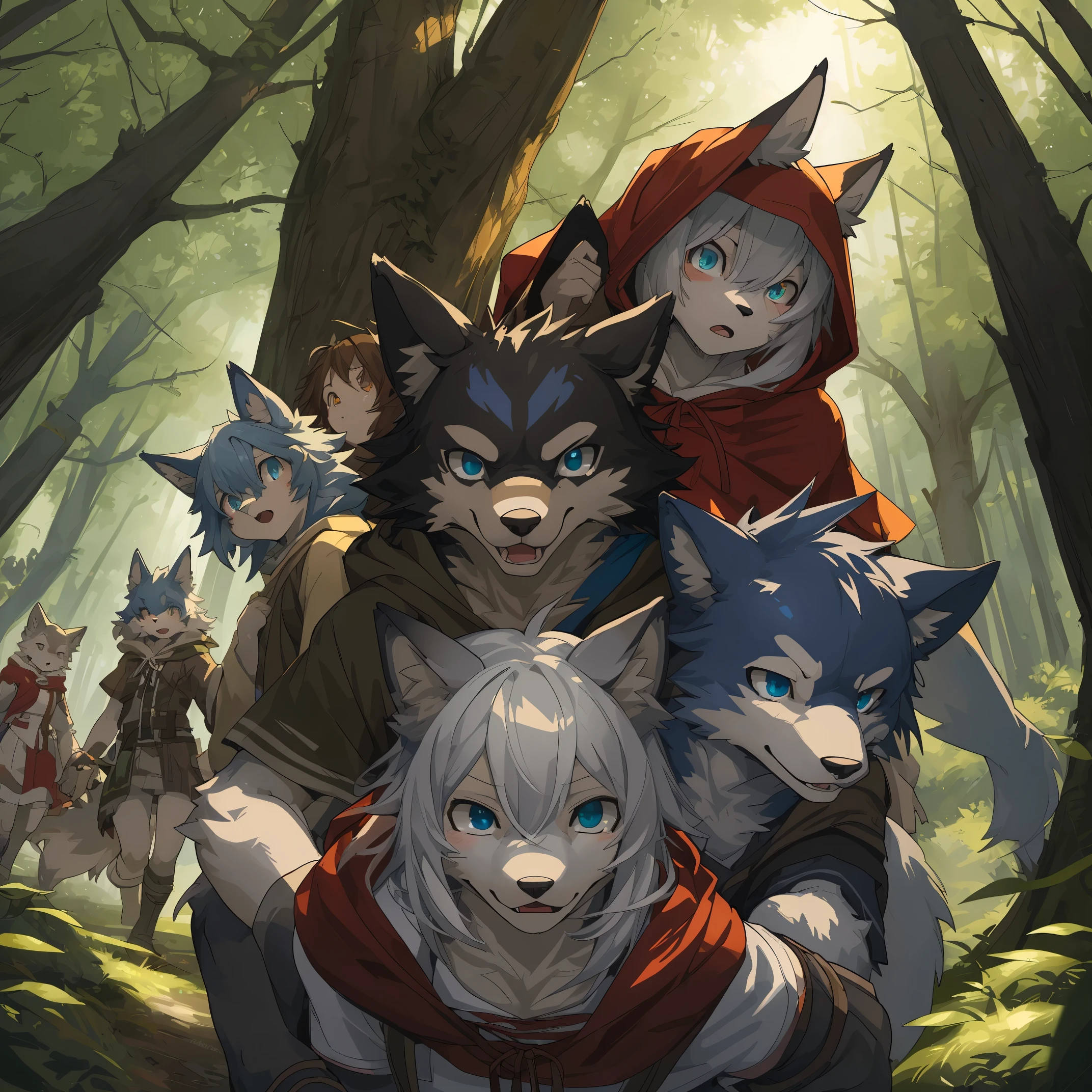 top quality, best quality, High-quality illustrations, masterpiece, super high resolution, detailed background, Little Red Riding Hood, forest, hunter, wolf, hopeless, crisis, 6+boys, 6+girls, absurdres(highly detailed beautiful face and eyes)perfect anatomy, expression, good lighting, cinematic shadow(kemono, furry anthro)assorted poses, dynamic angle,