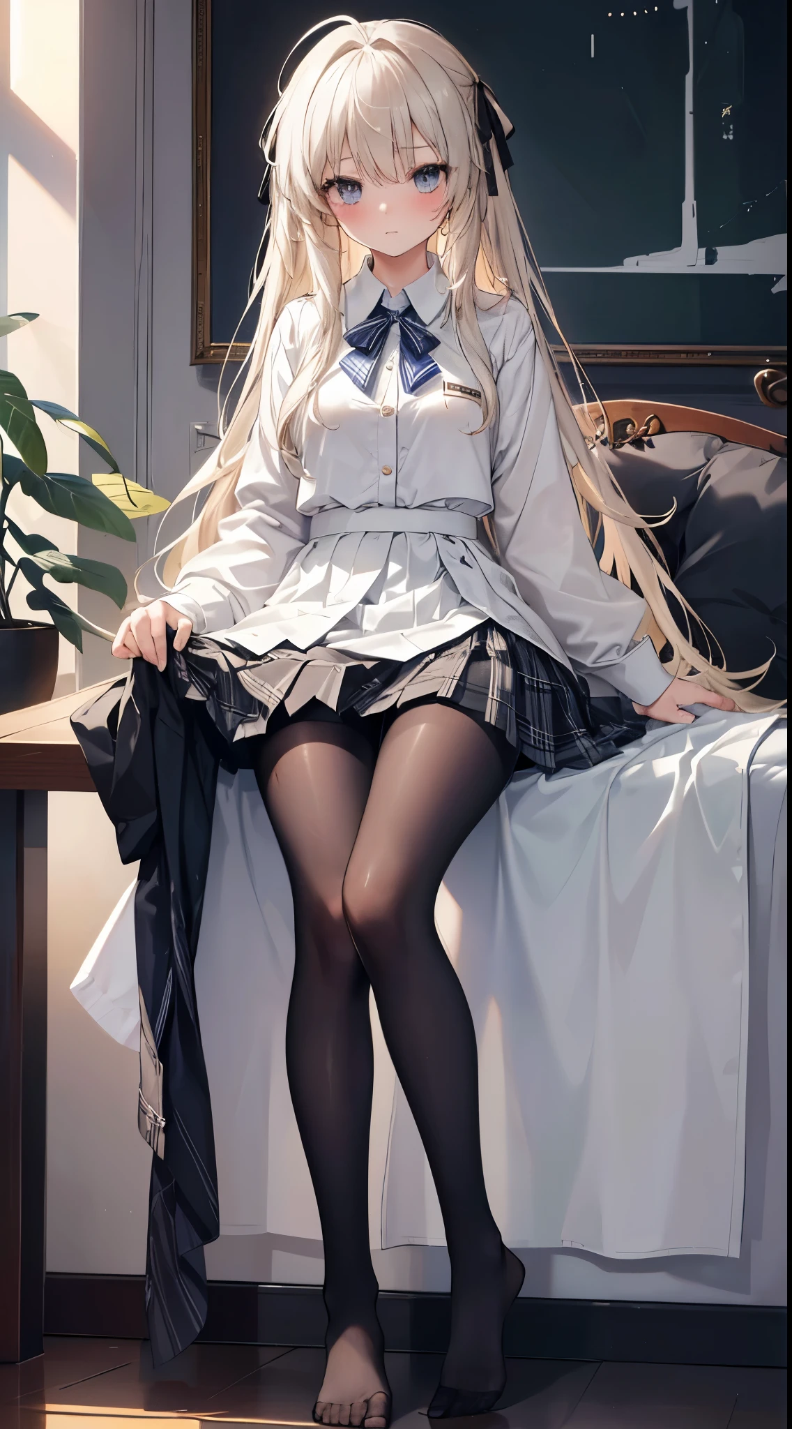 Finest, masterpiece, high definition, (full body), frontal, symmetrical, mature high school girl, solo, (full body from head to toe), small breasts, long hair, slightly messy hair, (black tights), ( (black pantyhose), black pantyhose, (composition where she is made to sit and lift her legs and make her legs open), composition showing white panties, slender beautiful legs, a very beautiful **************** (not wearing shoes) legs), blushing, shy big eyes, messy hair, looking at camera, showing white panties, white frilly lingerie, high school uniform blazer, high school uniform White blouse, high school uniform with blue ribbon, high school uniform with short plaid pattern and navy pleated skirt