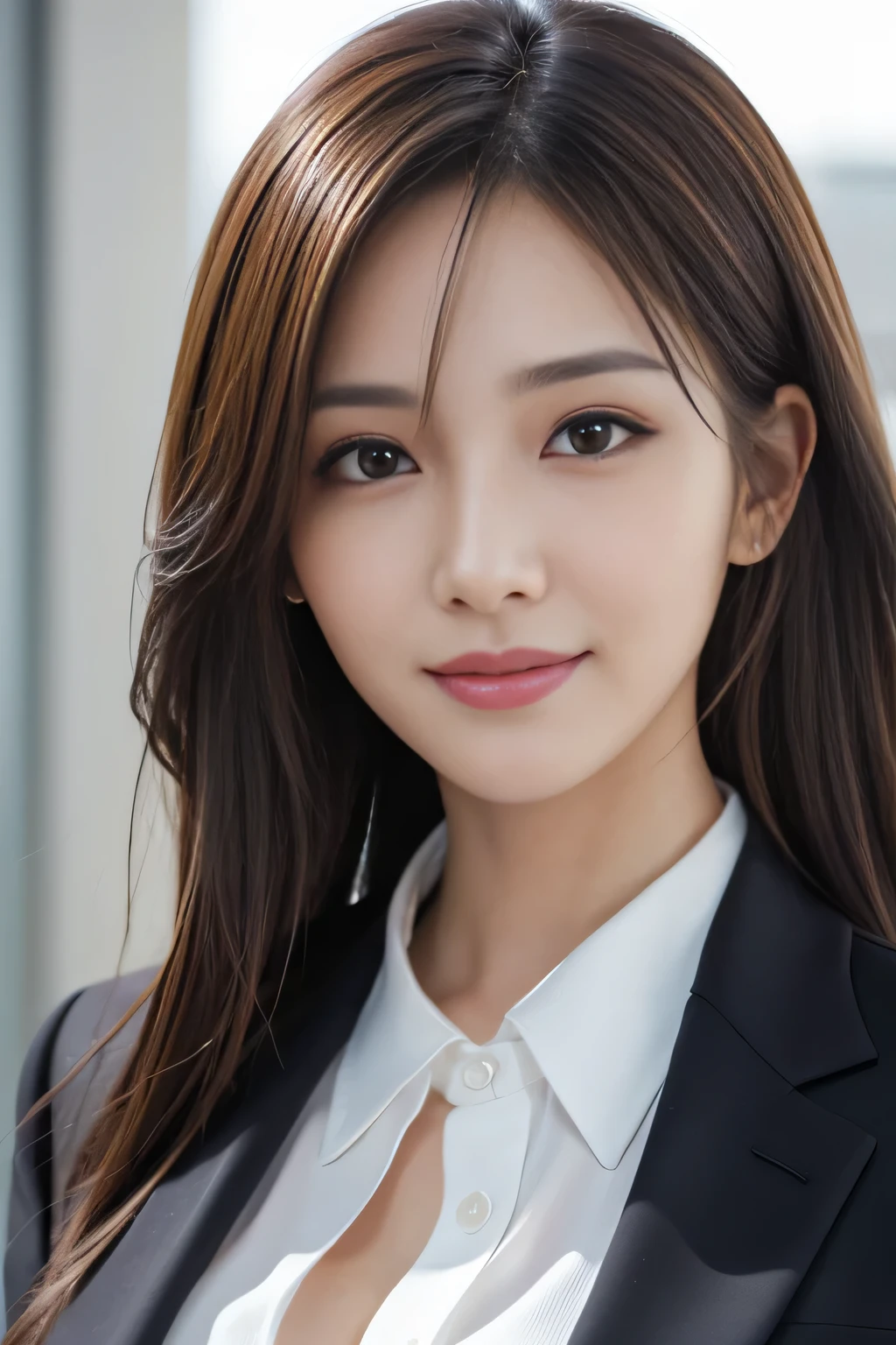 masutepiece, Best Quality, Photorealistic, Ultra-detailed, finely detail, High resolution, 8K Wallpaper, 1 beautiful woman,, light brown messy hair, in a business suit, foco nítido, Perfect dynamic composition, Beautiful detailed eyes, detailed hairs, Detailed realistic skin texture, Smiling, Close-up portrait, Model body type