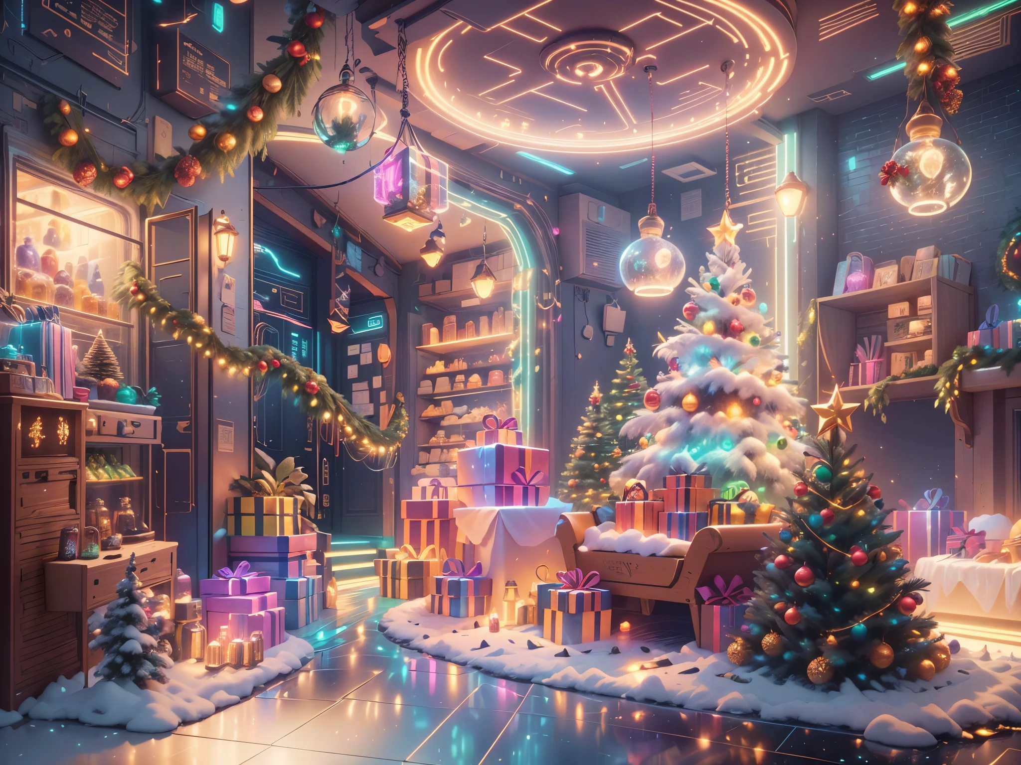 （Future science fiction，Cyberpunk style Christmas room:1.5），(以未来派赛博朋克圣诞元素Decorative style)，(霓虹lamplight)，mechanical fireplace、Lanterns hanging on mechanical stairs、Colorful gifts wrapped under futuristic Christmas tree、Mechanical floor piled with gifts、Decorative style的松树、Metallic floor、Christmas atmosphere、传统的Christmas atmosphere、Merry Christmas、gift tags、Christmas wreath、Decorative style、metal ribbon、Christmas tree lights、Candy and Snacks，Gingerbread Man，lamplight，Futuristic Christmas decoration，(Sci-fi stylish neon light sci-fi furniture)，Panoramic view of the city outside the window，nighttime scene，The room is full of joy and surprises，Christmas room with glowing decorations，artificial snow，Full of festive atmosphere，Glowing lamp，Nice decorations，（mechanical texture wall），（A seamless blend of futuristic and traditional Christmas elements，Seamless blend of old and new），No Man，filigree的细节，elegant and charming，highly  detailed，unreal-engine，rendering by octane，CGI，naturey，Pubic area is clear，filigree，smoothness，柔和的lamplight，(concept-art，hyper HD，art station antasyart，epic look at your scene，Intricate patterns，Complicated details，超filigree的绘画，physically-based renderingt，Extremely detailed description，professional，hyper realisitc，beyond human imagination，壮观的lamplight，Art station popular，unreal-engine，Global，Best quality，8K，A high resolution，tmasterpiece，ultra - detailed，realistically，1.4x more realism）, Neonpunkai