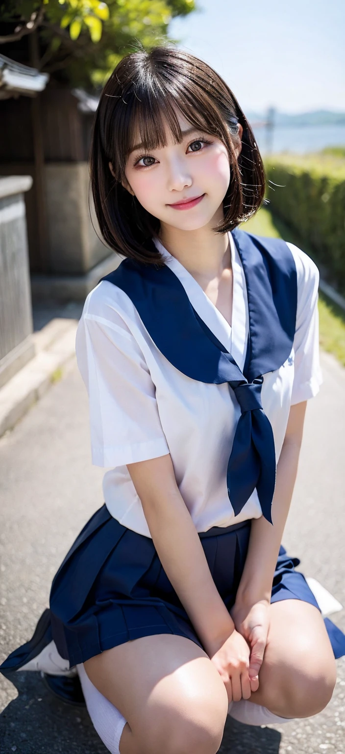 Spread legs, Shoot from below, Looking at the camera, Squatting at the middle waist, Japanese student uniform, blue sea, A slender, Kissing face, idolface, Neat face, Blur the background, bob cuts, Colossal tits, 14years,  Lori, A smile, ​masterpiece, top-quality, Raw photo, Photorealsitic, beautiful a girl, cute little, shorth hair, depth of fields, hight resolution, ultra-detailliert, finely detail, ighly detailed, ighly detailedな目と顔, Sharp pupils, Cinematic lighting