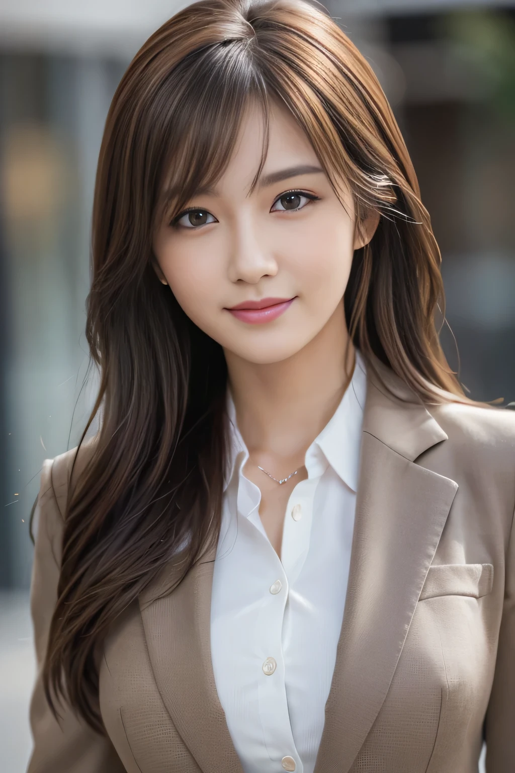 masutepiece, Best Quality, Photorealistic, Ultra-detailed, finely detail, High resolution, 8K Wallpaper, 1 beautiful woman,, light brown messy hair, in a business suit, foco nítido, Perfect dynamic composition, Beautiful detailed eyes, detailed hairs, Detailed realistic skin texture, Smiling, Close-up portrait, Model body type