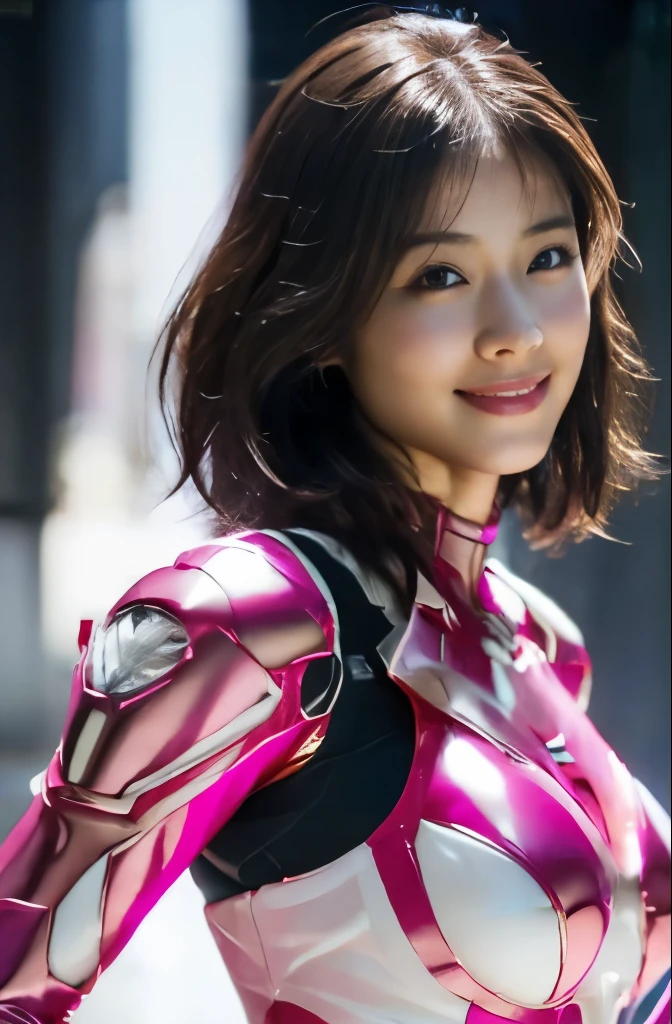 pink power range lemele、Realistic, shiny dark pink and white suit、Power Rangers Bodysuit、professional photograpy、Does not expose the skin, Japanese Models,、,The skin is not exposed、fleshy body, A smile、Colossal tits、A dark-haired