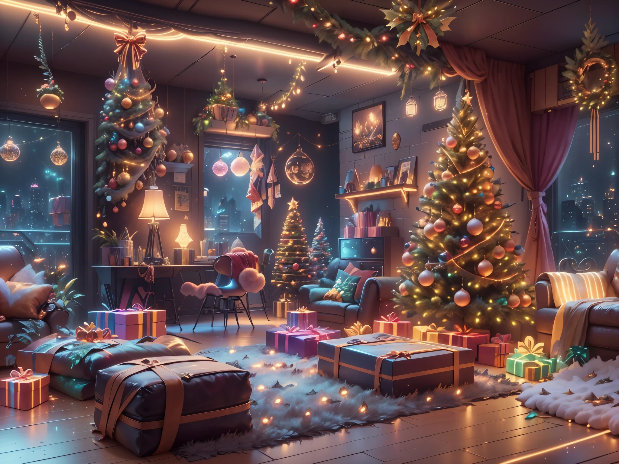 （Future science fiction，Cyberpunk style Christmas room:1.5），(以未来派赛博朋克圣诞元素Decorative style)，(霓虹lamplight)，mechanical fireplace、Lanterns hanging on mechanical stairs、Colorful gifts wrapped under futuristic Christmas tree、Mechanical floor piled with gifts、Decorative style的松树、Metallic floor、Christmas atmosphere、传统的Christmas atmosphere、Merry Christmas、gift tags、Christmas wreath、Decorative style、metal ribbon、Christmas tree lights、Candy and Snacks，Gingerbread Man，lamplight，Futuristic Christmas decoration，(Sci-fi stylish neon light sci-fi furniture)，Panoramic view of the city outside the window，nighttime scene，The room is full of joy and surprises，Christmas room with glowing decorations，artificial snow，Full of festive atmosphere，Glowing lamp，Nice decorations，（mechanical texture wall），（A seamless blend of futuristic and traditional Christmas elements，Seamless blend of old and new），No Man，filigree的细节，elegant and charming，highly  detailed，unreal-engine，rendering by octane，CGI，naturey，Pubic area is clear，filigree，smoothness，柔和的lamplight，(concept-art，hyper HD，art station antasyart，epic look at your scene，Intricate patterns，Complicated details，超filigree的绘画，physically-based renderingt，Extremely detailed description，professional，hyper realisitc，beyond human imagination，壮观的lamplight，Art station popular，unreal-engine，Global，Best quality，8K，A high resolution，tmasterpiece，ultra - detailed，realistically，1.4x more realism）, Neonpunkai