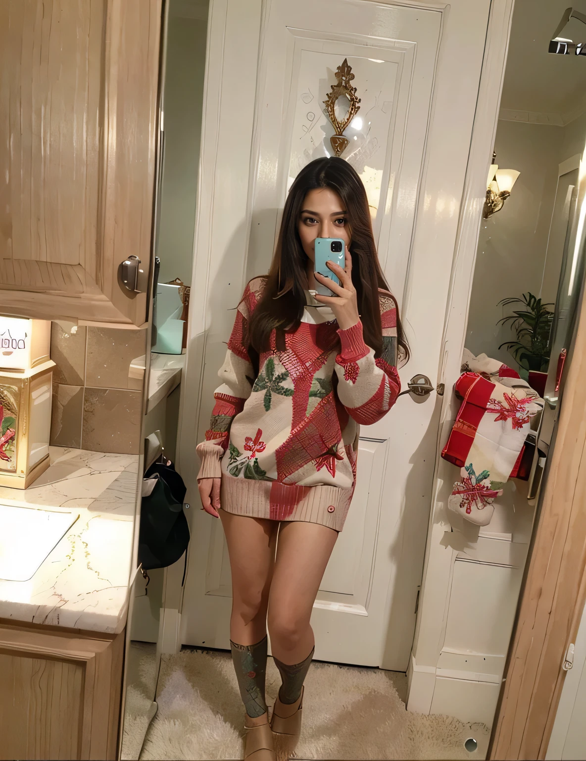 (Best quality, Ultra-detailed, Masterpiece:1.5), beautiful pakistani woman, The woman should have a flawless, highly detailed face, soft luminous . Her long hair should be naturally brown and stylishly arranged. (Perfect Eyes:1.2), double eyelids, photo-realistic:1.5), 8K UHD, high budget, taking a selfie in a mirror, exclusive, cute adorable, Christmas sweater,