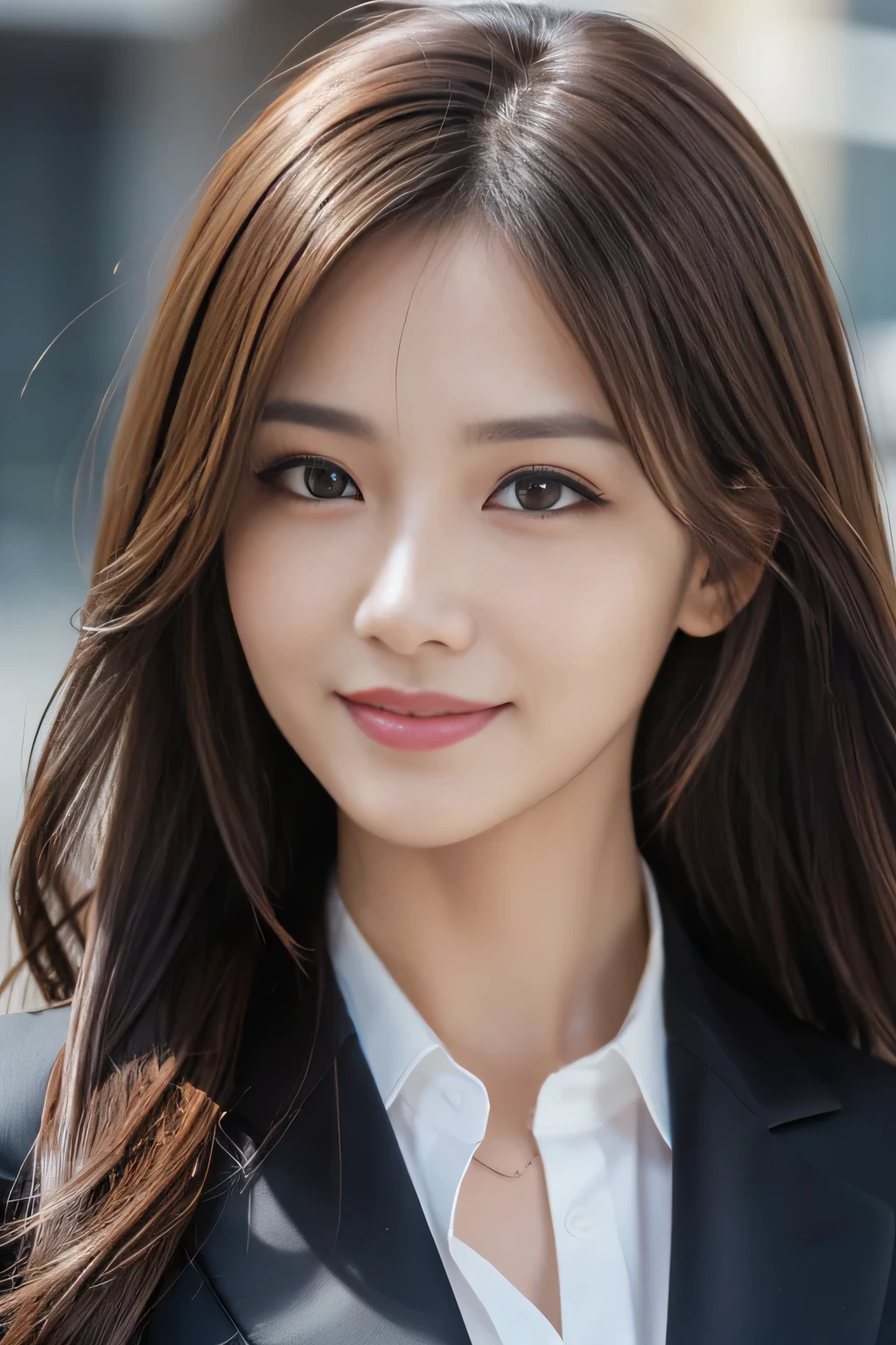 masutepiece, Best Quality, Photorealistic, Ultra-detailed, finely detail, High resolution, 8K Wallpaper, 1 beautiful woman,, light brown messy hair, in a business suit, foco nítido, Perfect dynamic composition, Beautiful detailed eyes, detailed hairs, Detailed realistic skin texture, Smiling, Close-up portrait, Model body type