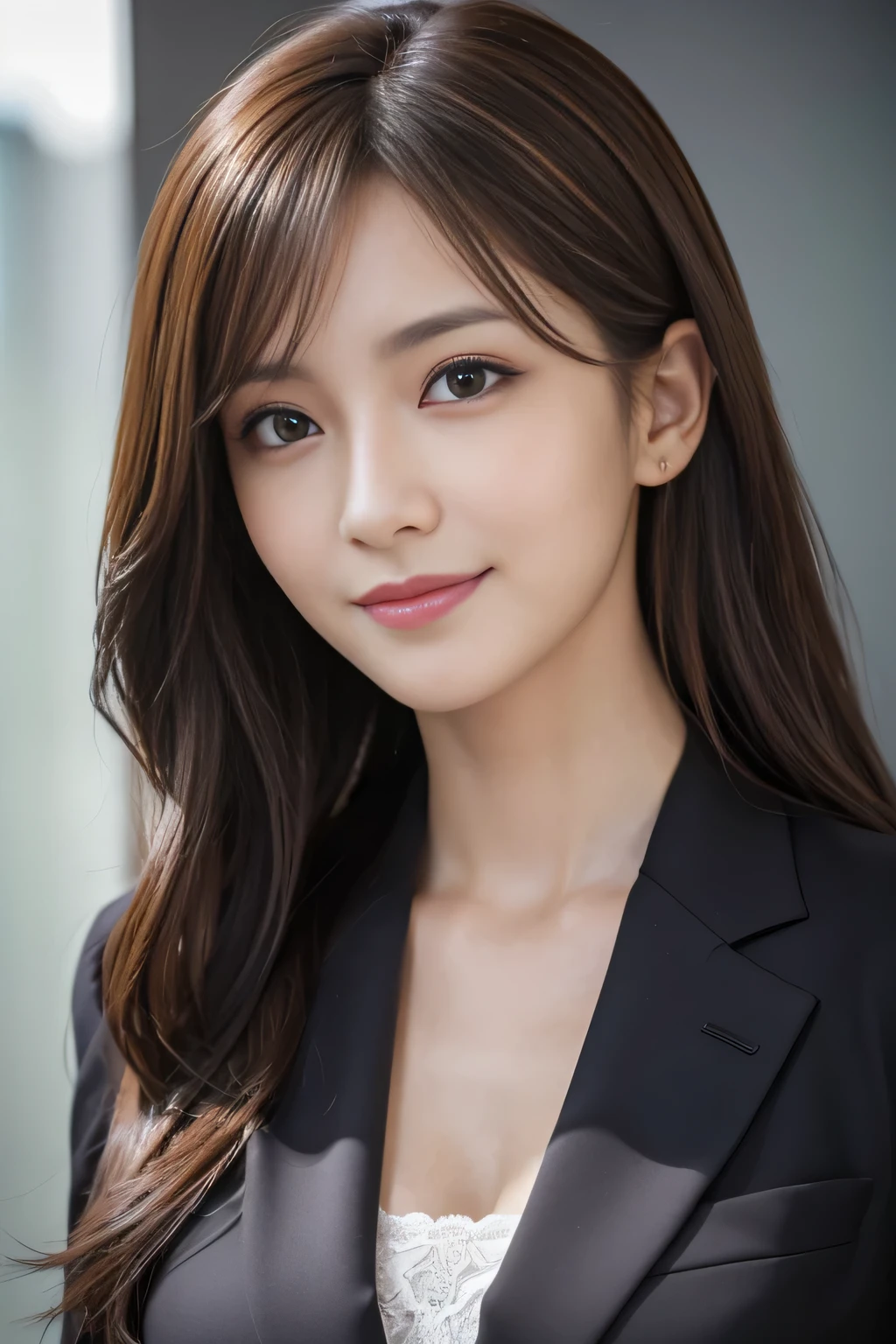 masutepiece, Best Quality, Photorealistic, Ultra-detailed, finely detail, High resolution, 8K Wallpaper, 1 beautiful woman,, light brown messy hair, in a business suit, foco nítido, Perfect dynamic composition, Beautiful detailed eyes, detailed hairs, Detailed realistic skin texture, Smiling, Close-up portrait, Model body type
