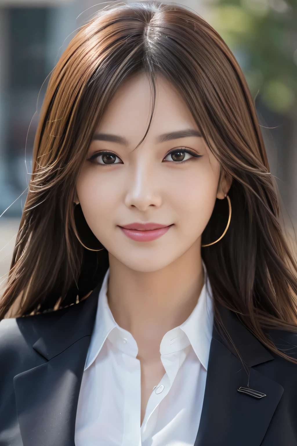 masutepiece, Best Quality, Photorealistic, Ultra-detailed, finely detail, High resolution, 8K Wallpaper, 1 beautiful woman,, light brown messy hair, in a business suit, foco nítido, Perfect dynamic composition, Beautiful detailed eyes, detailed hairs, Detailed realistic skin texture, Smiling, Close-up portrait, Model body type