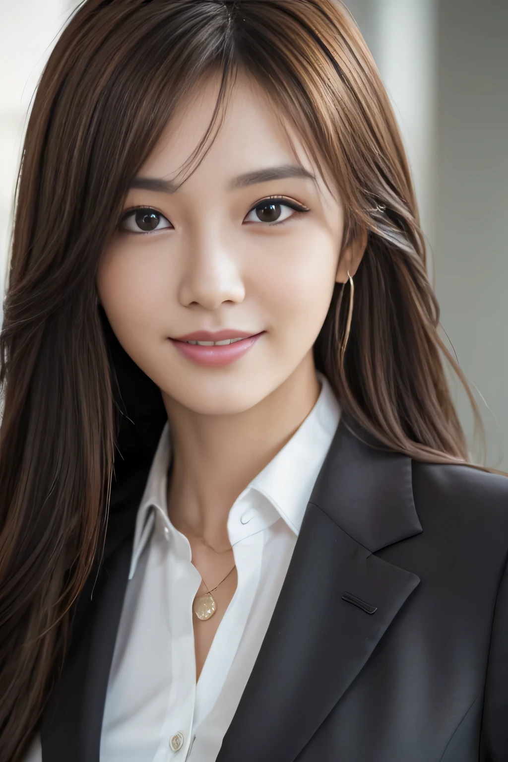 masutepiece, Best Quality, Photorealistic, Ultra-detailed, finely detail, High resolution, 8K Wallpaper, 1 beautiful woman,, light brown messy hair, in a business suit, foco nítido, Perfect dynamic composition, Beautiful detailed eyes, detailed hairs, Detailed realistic skin texture, Smiling, Close-up portrait, Model body type