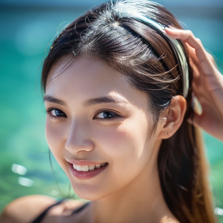Professional full body photo, (4K Photos:1.1) by (jeremy lipking:0.3), (Anna Dittmann:0.3), (Arian Mark:0.3), elegant business woman, (haircoloredน้ําตาล), (สาวตาcoloredเทา, Lean Girl, (Big breasts:1.2), Smiles, woman slanders (บิกินี่ Micro coloredดํา), Posing in the water on a tropical beach, Hold the camera., exaggerated skin pores on face, rough facial texture, Ceramic surface, Realistic[:, (grain of film, Well-defined students, High-contrast eyes, ultra-detailed skin, skin pores, hair vellus, Sewing, Fabric, Wood grain, Stone Texture, Thoroughly detailed features:1):0.9], details (Surface! , hair! , shine, colored!! , ข้อเcoloredย: 1.1), Bright eyes with high details (looking at the camera), SLR lighting, SLR Cameras, ultra quality, Sharpness, Depth of Field, grain of film (center), Fujifilm XT3, Crystal clear, centerของกรอบ, crisp focus, bokeh (low light), detailed skin pores, Oily Skin, burn, Intricate eye details.