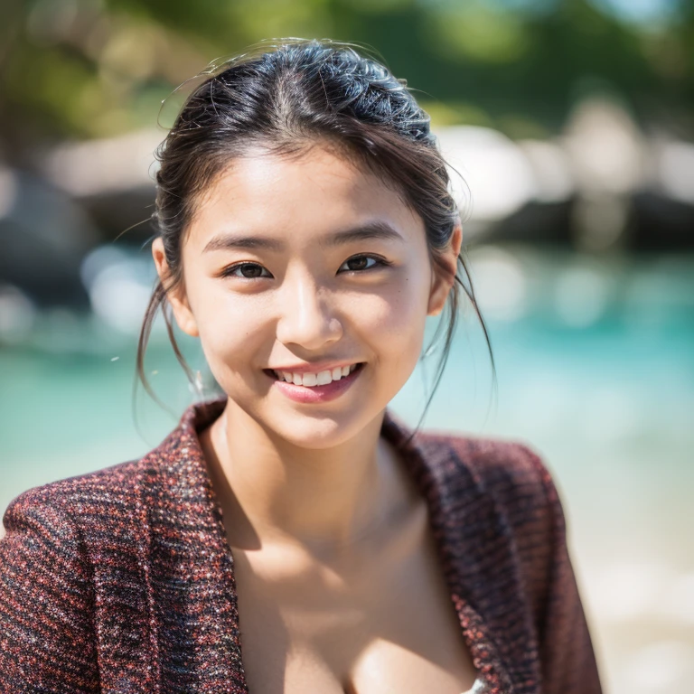 Professional full body photo, (4K Photos:1.1) by (jeremy lipking:0.3), (Anna Dittmann:0.3), (Arian Mark:0.3), elegant business woman, (haircoloredน้ําตาล), (สาวตาcoloredเทา, Lean Girl, (Big breasts:1.2), Smiles, woman slanders (บิกินี่ Micro coloredดํา), Posing in the water on a tropical beach, Hold the camera., exaggerated skin pores on face, rough facial texture, Ceramic surface, Realistic[:, (grain of film, Well-defined students, High-contrast eyes, ultra-detailed skin, skin pores, hair vellus, Sewing, Fabric, Wood grain, Stone Texture, Thoroughly detailed features:1):0.9], details (Surface! , hair! , shine, colored!! , ข้อเcoloredย: 1.1), Bright eyes with high details (looking at the camera), SLR lighting, SLR Cameras, ultra quality, Sharpness, Depth of Field, grain of film (center), Fujifilm XT3, Crystal clear, centerของกรอบ, crisp focus, bokeh (low light), detailed skin pores, Oily Skin, burn, Intricate eye details.
