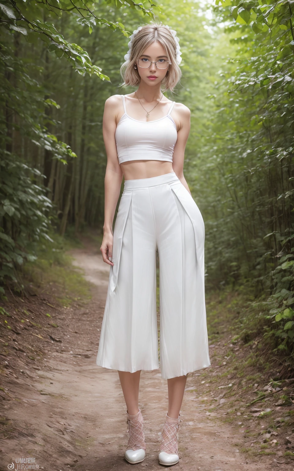 (8K, Masterpiece, RAW photo, Best quality, detail:1.3), (ultra realistic Natural background, scenary:1.5), Depth of field, Cinematic light, (ultra realistic face), (1 picture of 1 solo girl Airim Jones:1.6), 1girl, (Beautiful and elegant Russian girl), (skinny girl with glasses), (European face:1.3), (perfect complete full body:1.5), (small necklace, collarbone:1.1), ( [bangs|pigtails|bob|pixie] hair:1.5), (ultra detailed skin:1.4), (sexy [white|pink] outfit:1.6), (Twill Culottes:1.5), (perfect standing pose:1.5), (perfect long legs:1.4)