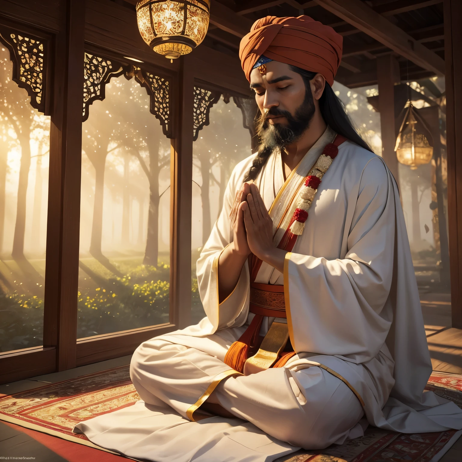 (best quality,4k,8k,highres,masterpiece:1.2),ultra-detailed,(realistic,photorealistic,photo-realistic:1.37),hindu god Sai Baba blessing,traditional hand-painted style,glowing aura,serene expression,white flowing beard,gentle eyes,orange robe and turban,lotus flower in hand,sacred Hindu symbol,divine light,peaceful atmosphere,tranquil garden surroundings,soft sunlight streaming through the trees,subtle shadows adding depth,rich and vibrant colors,divine energy,devotees bowing in reverence,chanted prayers filling the air,emotional connection with devotees,spiritual power radiating,faith and devotion,positive energy,harmony with nature,celestial beauty,sacredness and purity,holy appearance,highest level of craftsmanship,meticulous attention to detail,soulful portrayal,ethereal charm,spiritual inspiration.