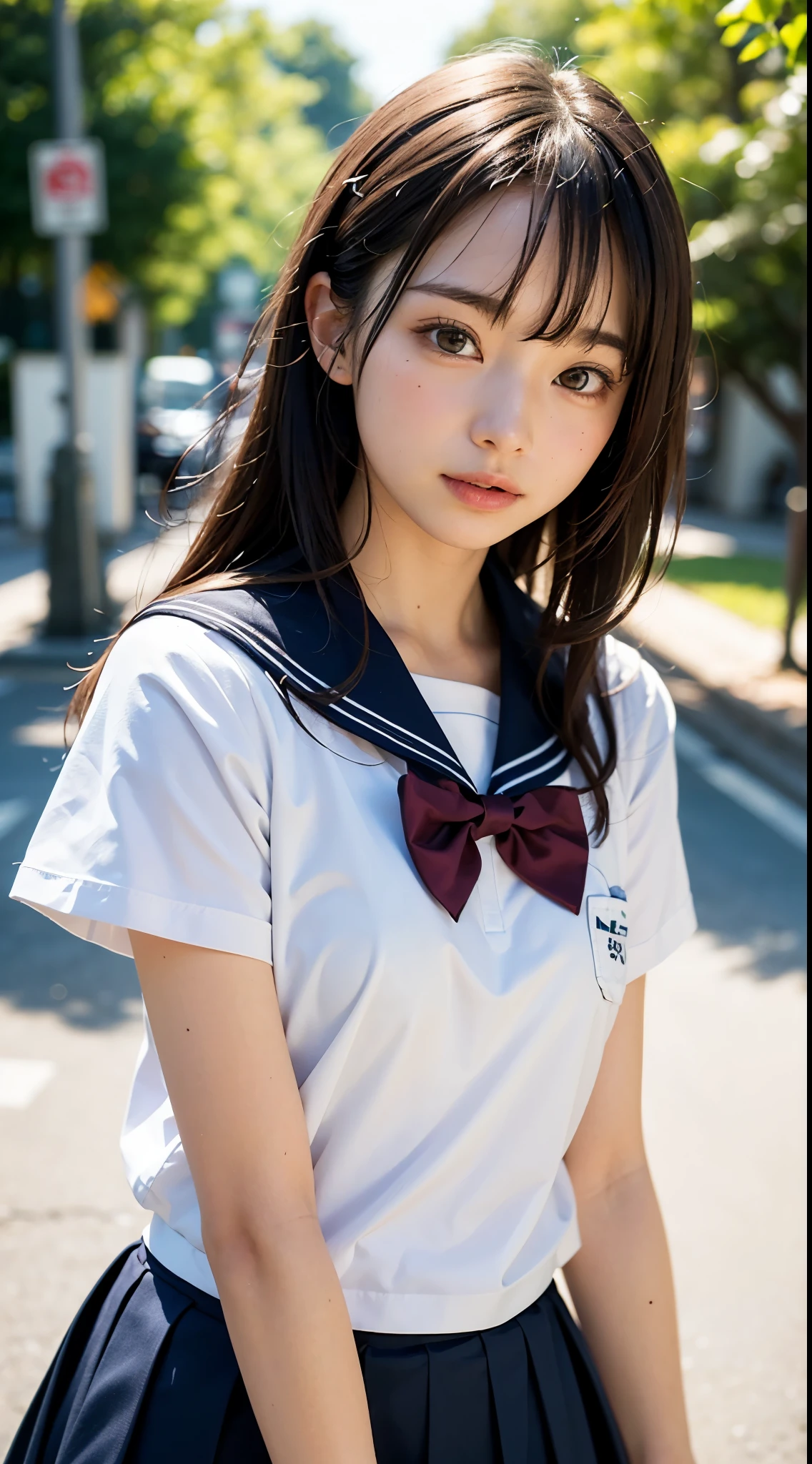 (masterpiece, best quality:1.2), 8k, official art, raw photo, incredibly absurdres, (upper body, sailor uniform, serafuku:1.4), beautiful girl, pretty face, arch back, navy pleated skirt, close up, school uniform, short sleeve, gardenia, violaceaess, , street, looking at viewer, film grain, chromatic aberration, sharp focus, facelight, dynamic lighting, cinematic lighting, detailed eyes and face, bokeh background, (1 dark red bow tie:1.2)