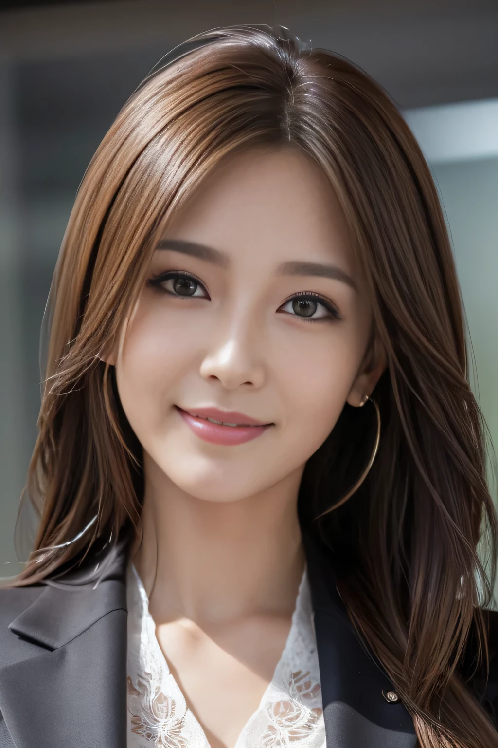 masutepiece, Best Quality, Photorealistic, Ultra-detailed, finely detail, High resolution, 8K Wallpaper, 1 beautiful woman,, light brown messy hair, in a business suit, foco nítido, Perfect dynamic composition, Beautiful detailed eyes, detailed hairs, Detailed realistic skin texture, Smiling, Close-up portrait, Model body type