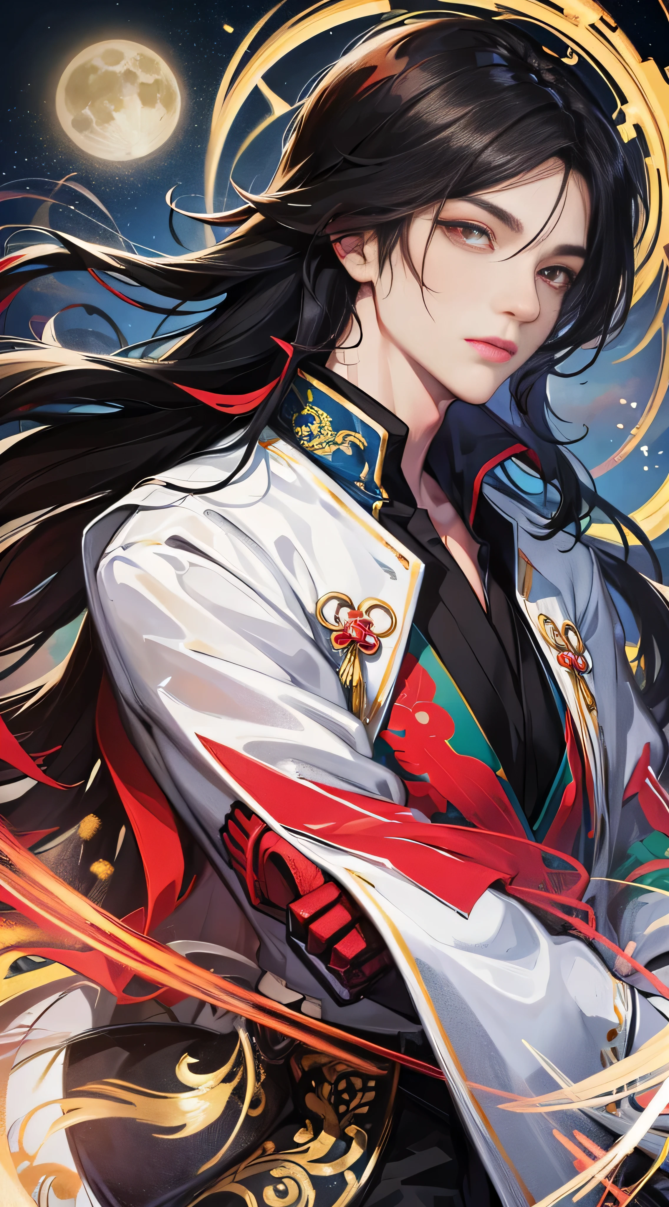 masutepiece, Ultra HD, nffsw, excellent, plein air, Night, fullmoon, Lakeside, Branches, 1 man, Male Focus, matured male, Chinese style, Ancient Chinese, Black hair, Red Eyes, long split hair, Long bangs, Handsome, Handsome, masculine, Gentle, tall, Calm,Behind him is a white dragon, The sword, delicate facial display