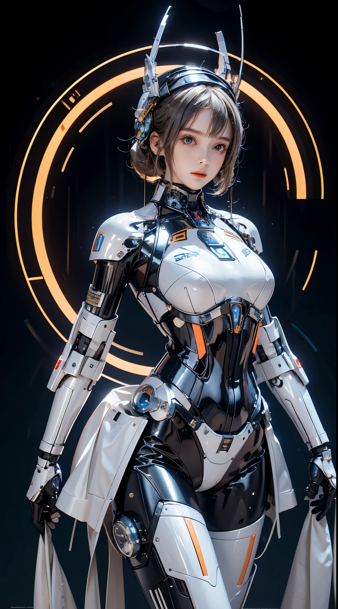 realisticlying, A high resolution, a 1 womone, hip-up, droid, Mecha Maiden,mechanicalparts, droid joints,single mechanical arm, Hats, Mechanical Aura,star halo,Complex mechanical body suit, mecha corset, Full A, White mecha body