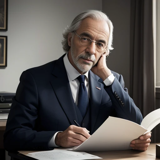 Georges Akerlof, un homme élégant d'un certain âge, est assis derrière son bureau, photo portrait, faces au camera