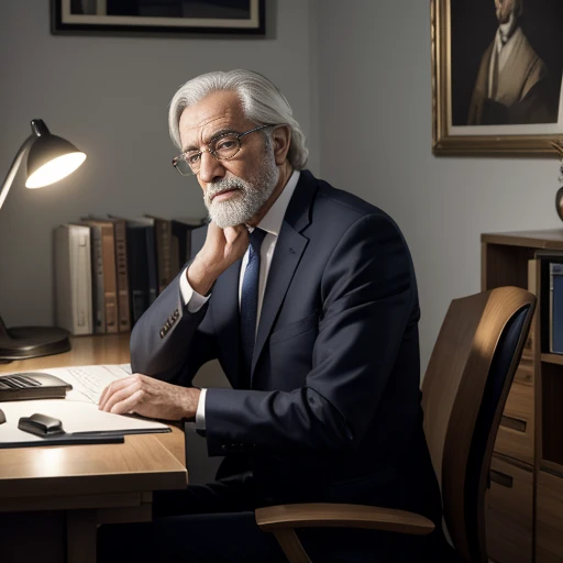 Georges Akerlof, un homme élégant d'un certain âge, est assis derrière son bureau, photo portrait, faces au camera